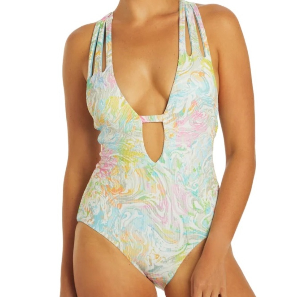 NWOT - Becca Hot Springs Floral Deep Plunge One Piece Swimsuit